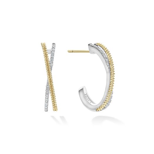 Gold beaded and diamond studded X hoop earrings