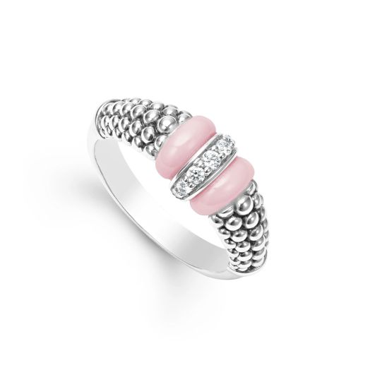 sterling silver ring with caviar beading and pink ceramic inserts, accented with diamonds