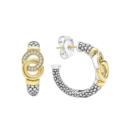 open hoop earrings with sterling silver beaded design, accented with gold interlocking rings, one accented with diamonds