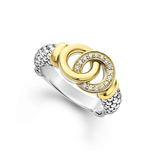 yellow gold and silver ring with interlocking circles and diamond accents