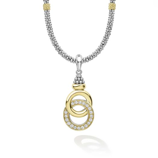 interlocking gold links with diamond accents suspended from silver beaded chain