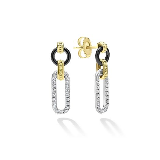 yellow gold earrings with black enamel and diamond links