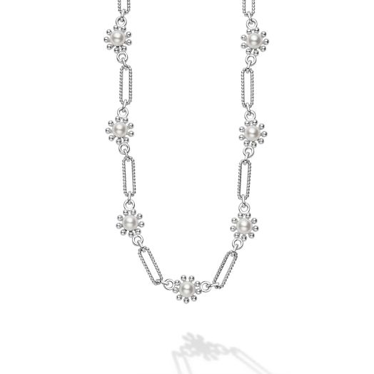 Pearl link floral station necklace