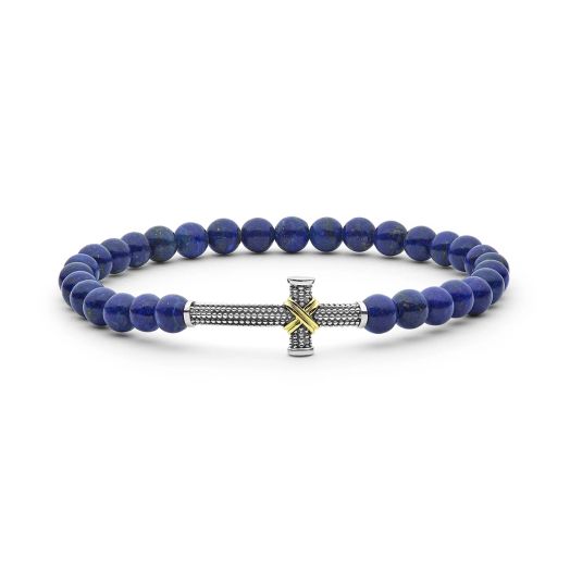 beaded blue bracelet with sterling silver and gold beaded cross