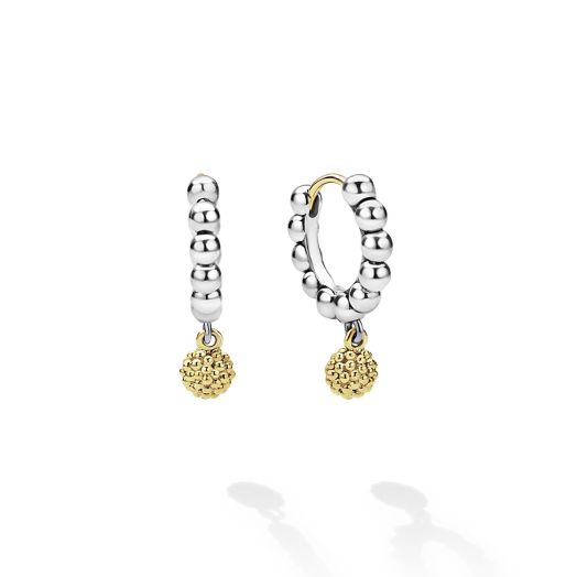 Beaded huggie hoop silver earrings with yellow gold dangling balls