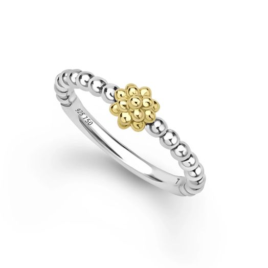 Sterling silver beaded ring with yellow gold centerpiece