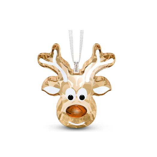 brown and white crystal ornament of a reindeer suspended from a white string