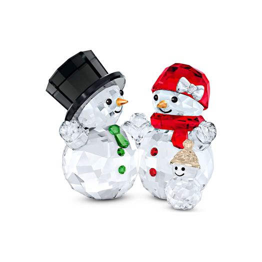 three crystal snowmen with hats and scarves