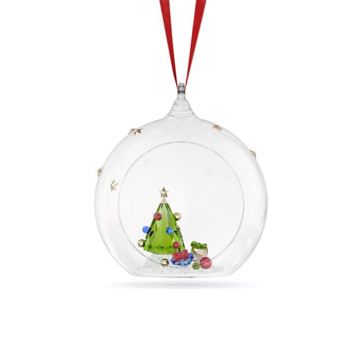 Crystal ball scene ornament with a christmas tree and presents