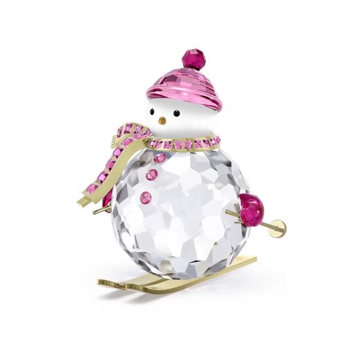 Crystal snowman figurine skiing with pink accessories