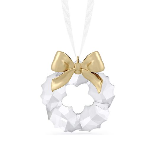 Crystal clear wreath ornament with a gold bow