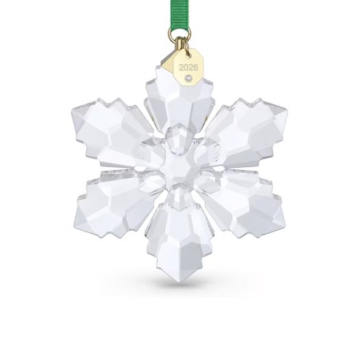 crystal snowflake ornament suspended from green ribbon