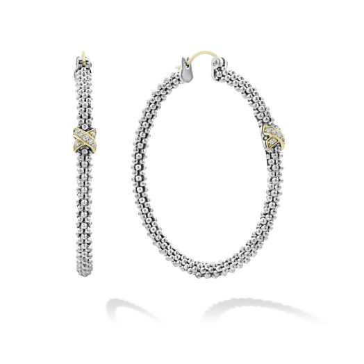 Caviar beaded hoops with gold X's and diamonds