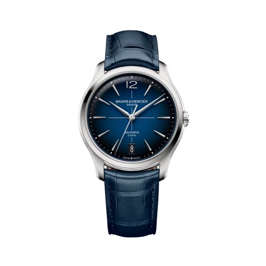 watch with blue textured strap and blue dial