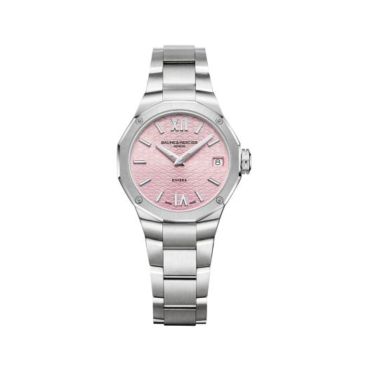 watch with steel bracelet and pink dial