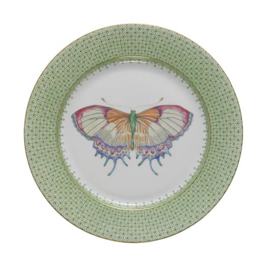 plate with green laced details and butterfly image