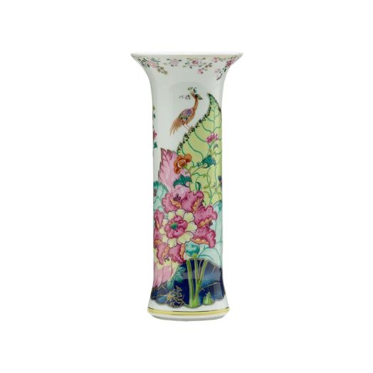 Hand-painted 11-inch porcelain trumpet vase featuring the Tobacco Leaf pattern with vibrant colors and 22K gold accents