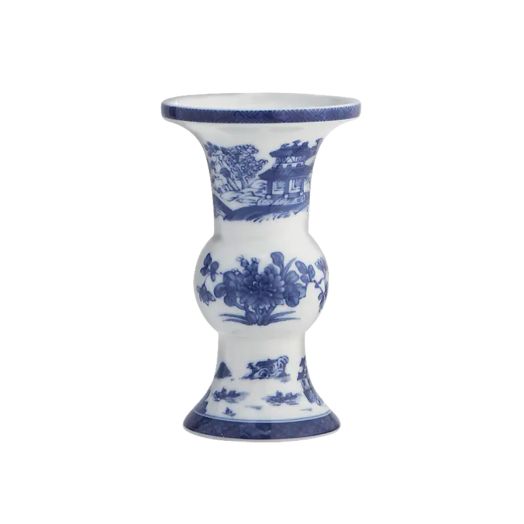 Blue and white porcelain Shang vase with lattice border and landscape design.