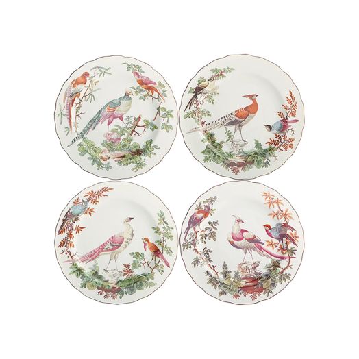 Set of four 8.5-inch porcelain dessert plates, each featuring a unique hand-painted bird motif with floral borders and gold accents