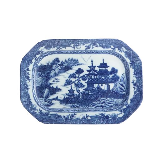 Hand-painted 10.5-inch porcelain cookie plate featuring the Blue Canton pattern with a blue lattice border and a landscape scene of pagodas and boats