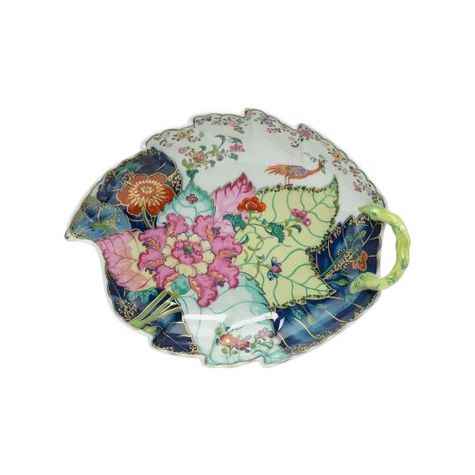 Hand-painted 11.5-inch porcelain dish featuring the Tobacco Leaf pattern with vibrant colors and 22K gold accents