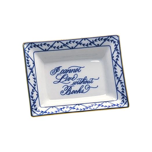 porcelain rectangular tray with the inscription "I cannot live without books," featuring a blue border and floral accents