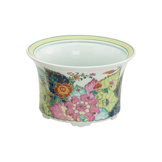 Hand-painted 10-inch porcelain cachepot featuring the Tobacco Leaf pattern with vibrant colors and 22K gold accents