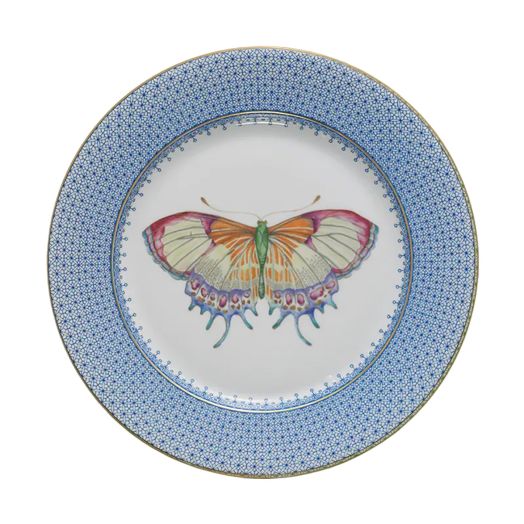 blue plate with laced design and butterfly image