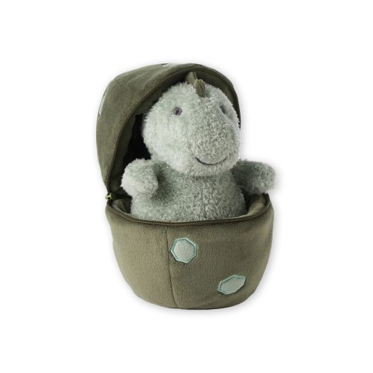 green dinosaur stuffed animal inside a green egg with spots