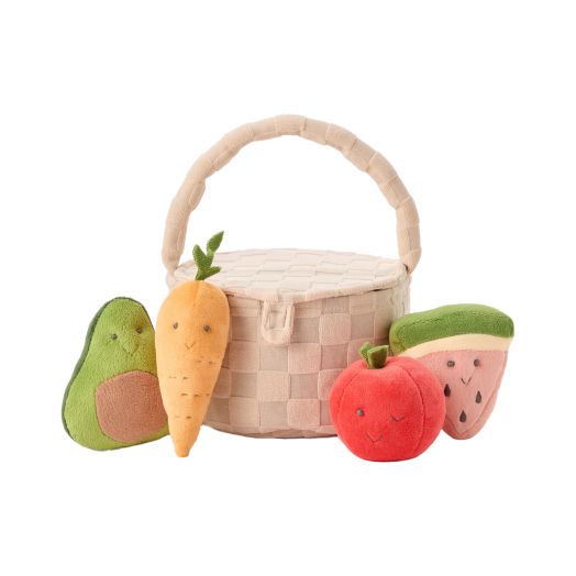 plush picnic set with basket, avocado, carrot, watermelon and apple plush