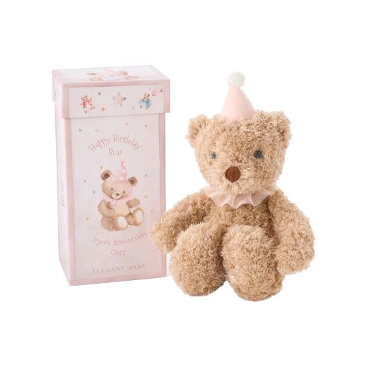 happy birthday bear with pink hat