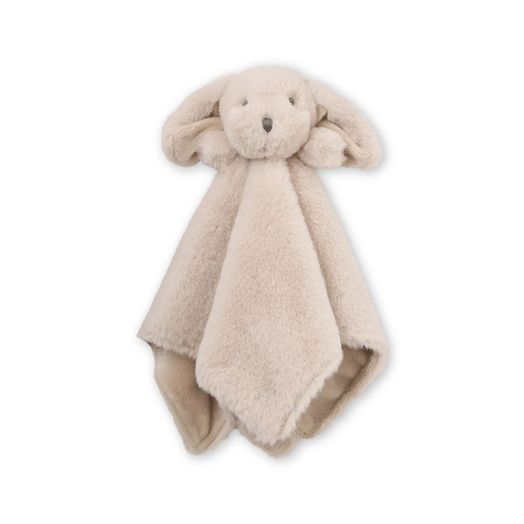 tan colored stuffed puppy with blanket