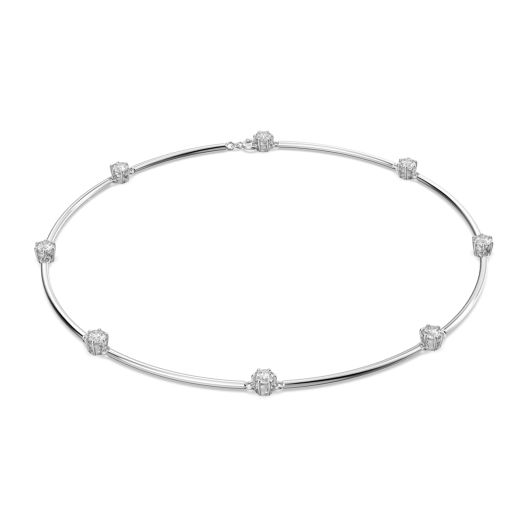 silver tone smooth necklace accented with cubic zirconia stations