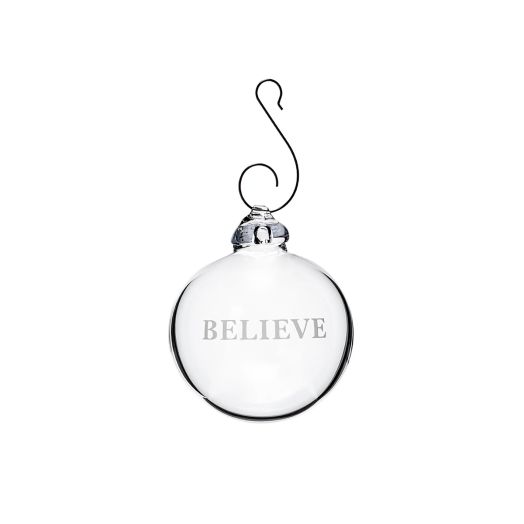 glass ornament etched with "believe"