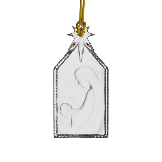 crystal nativity ornament with golden ribbon