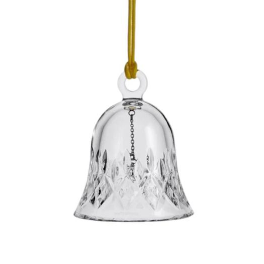 crystal bell ornament suspended from golden ribbon