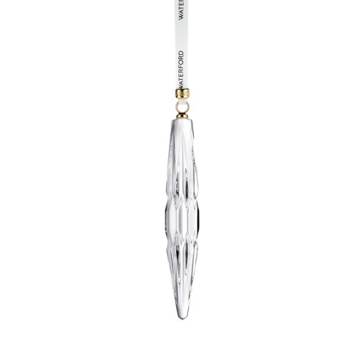 crystal icicle shaped ornament suspended from white ribbon