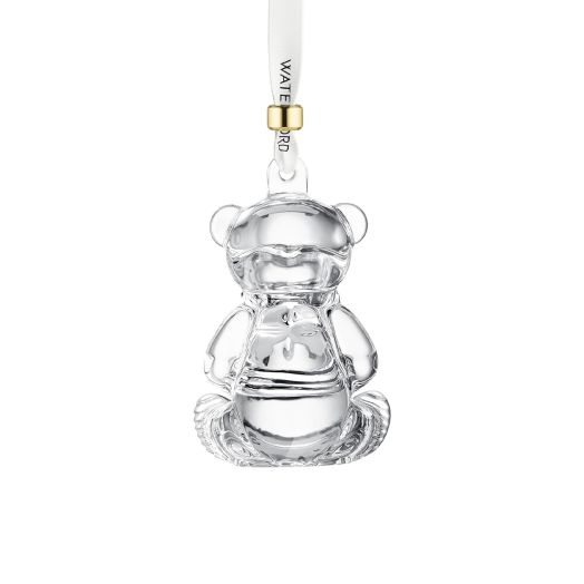 bear shaped ornament in crystal suspended from white ribbon