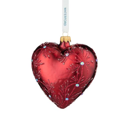 red heart shaped ornament accented with crystals suspended from white ribbon