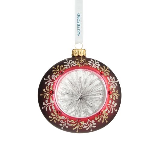 multi-colored bauble ornament suspended from white ribbon