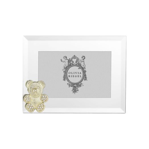 silver frame with golden teddy bear detail at corner
