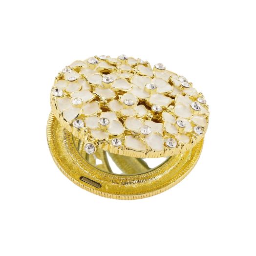 golden mirror compact with enamel flowers on top