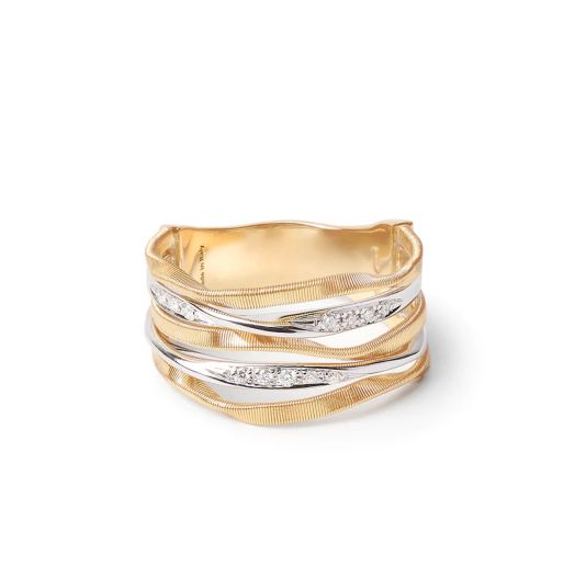 multi strand white and yellow gold ring accented with diamonds