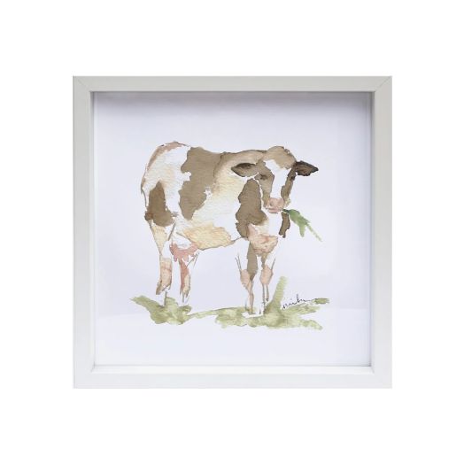 Framed watercolor cow painting