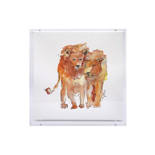 Watercolor lion painting in a shadow box print