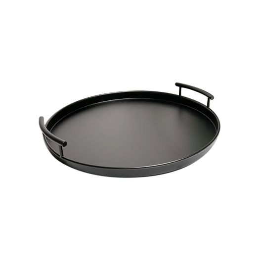 round black metal tray with handles