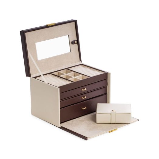 brown leather jewelry box, open with drawers