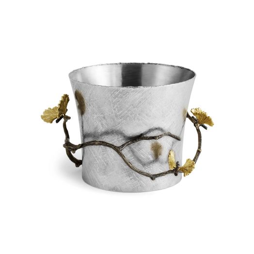 Ginkgo Cachepot featuring brass orchid accents on a black nickelplate metal base