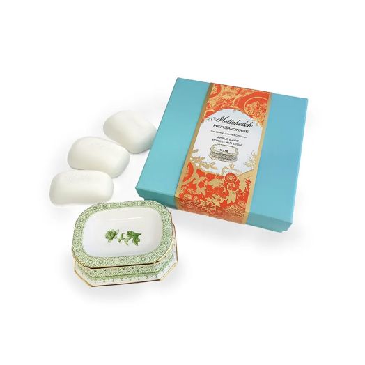 Apple Lace Heirsavonare Gift Soap Set featuring three bars of luxury soap and a apple lace porcelain dish, presented in a turquoise box with gold and coral trim.
