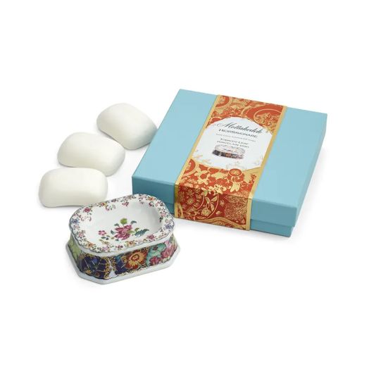Tobacco Leaf Heirsavonare Gift Soap Set featuring three bars of luxury soap and a Tobacco Leaf porcelain dish, presented in a turquoise box with gold and coral trim.